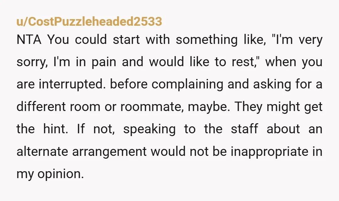 u/CostPuzzleheaded2533 NTA You could start with something like, "I'm very sorry, I'm in pain and would like to rest," when you are interrupted. before complaining and asking for a different...