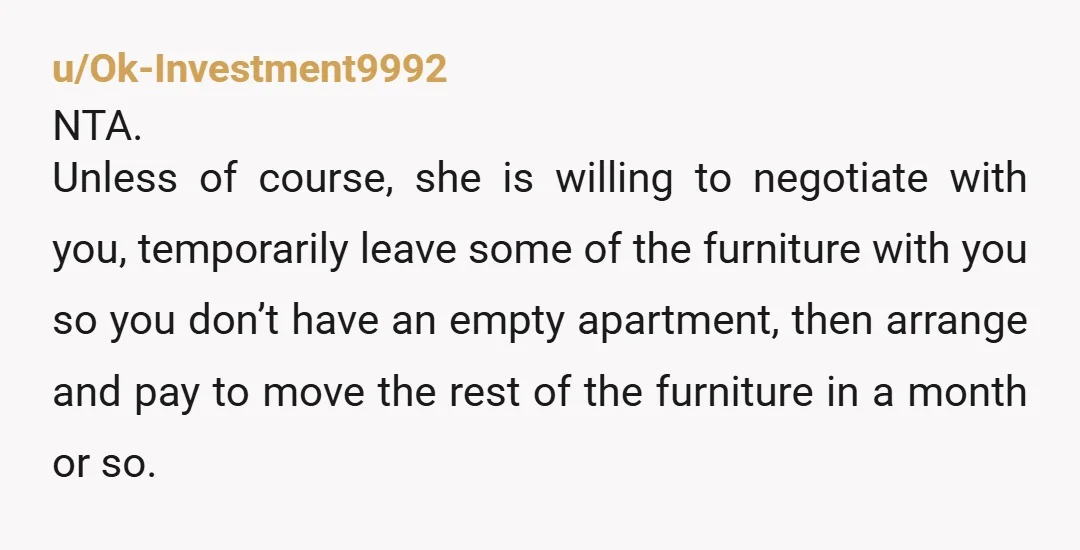 u/BJntheRV NTA, so she'd rather you alone be inconvenienced by having no furniture until you can replace it, or spend way more to do so so that it arrives as...