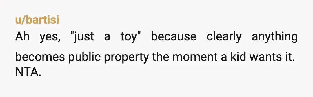 u/bartisi
Ah yes, "just a toy" because clearly anything becomes public property the moment a kid wants it.
NTA.