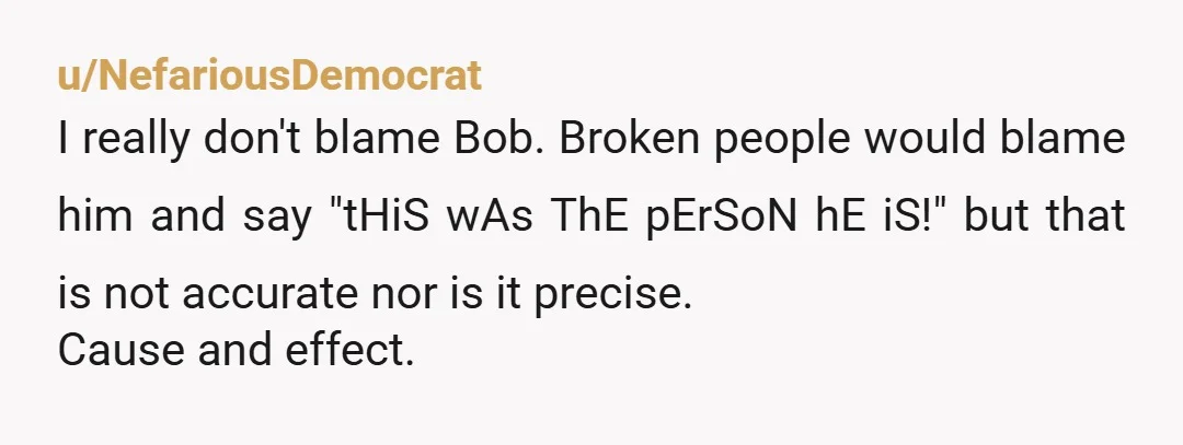 u/NefariousDemocrat I really don't blame Bob. Broken people would blame him and say "tHiS wAs ThE pErSoN hE iS!" but that is not accurate nor is it precise. Cause and...