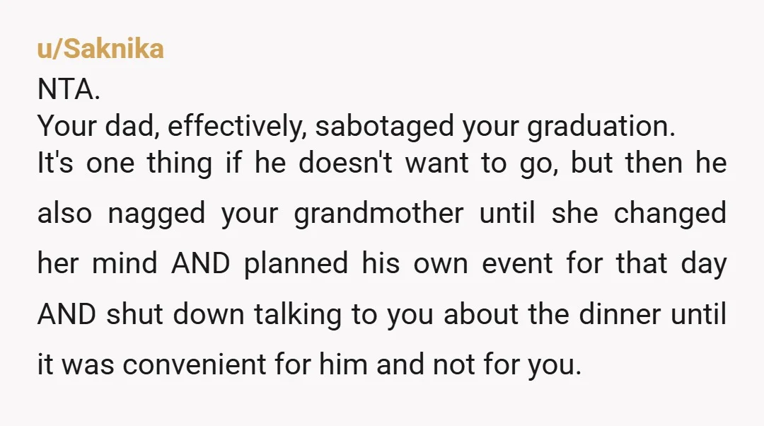 u/Skarlette010 NTA your narcissist father deserved to be ignored. He barely contributed to anything and refused to travel for his kids graduation but demands full attention when he wants it....