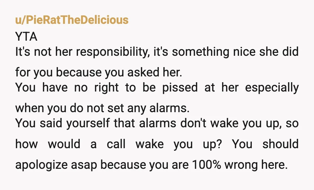 u/BaskinsButcher
“Trying to avoid her responsibility”
Oh no boo boo.
Waking up for your job is your responsibility.
Welcome to adulthood, have a “YTA” on the way out.
