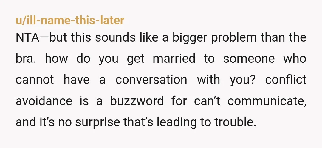 u/ill-name-this-later NTA—but this sounds like a bigger problem than the bra. how do you get married to someone who cannot have a conversation with you? conflict avoidance is a buzzword...