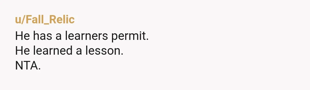 u/Fall_Relic
He has a learners permit.
He learned a lesson.
NTA.