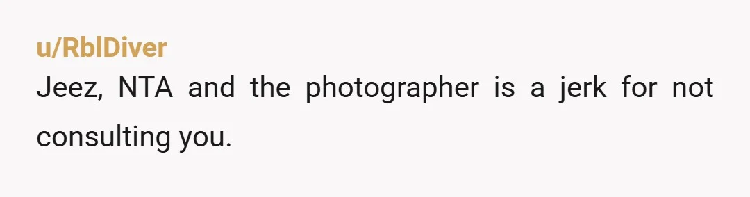 u/RblDiver
Jeez, NTA and the photographer is a jerk for not consulting you.