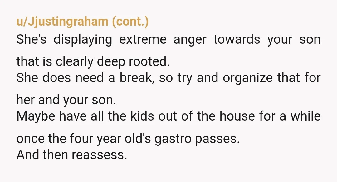 u/AlexandriteEX NTA. If your wife is locking herself in your child's room, screaming at the kids to shut up, is this malicious towards your teenage child, and refusing to talk,...