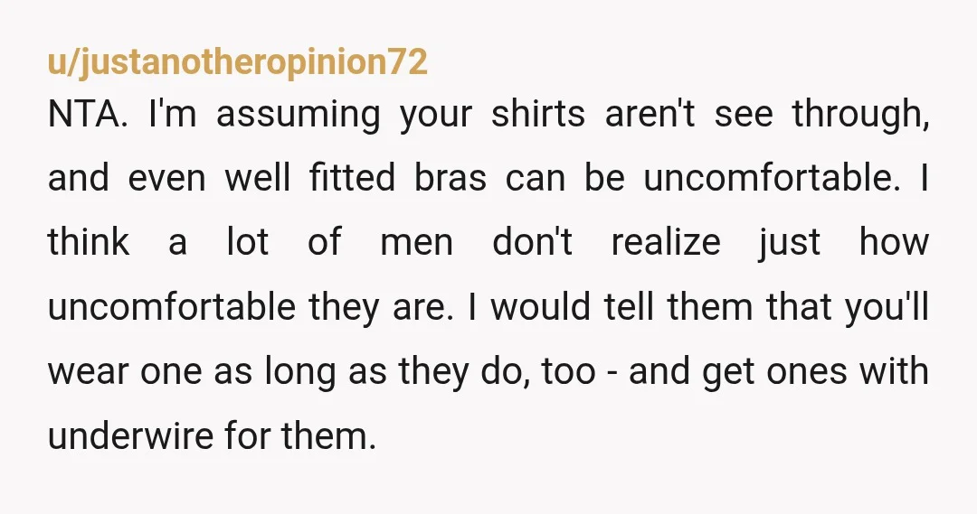 u/justanotheropinion72 NTA. I'm assuming your shirts aren't see through, and even well fitted bras can be uncomfortable. I think a lot of men don't realize just how uncomfortable they are....