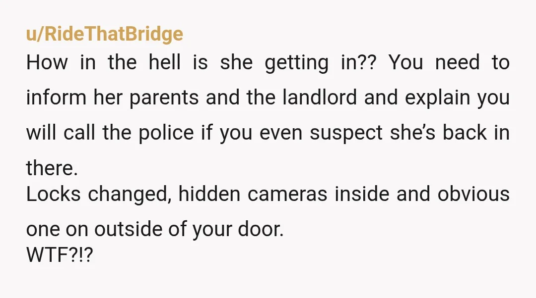 u/lakeride33 One way to fire a warning shot to keep her nervous is to send letters to every apartment explaining that someone has been going in your apartment and that...
