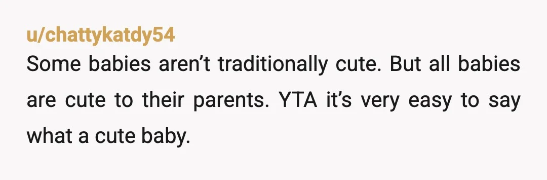 u/chattykatdy54
Some babies aren’t traditionally cute. But all babies are cute to their parents. YTA it’s very easy to say what a cute baby.