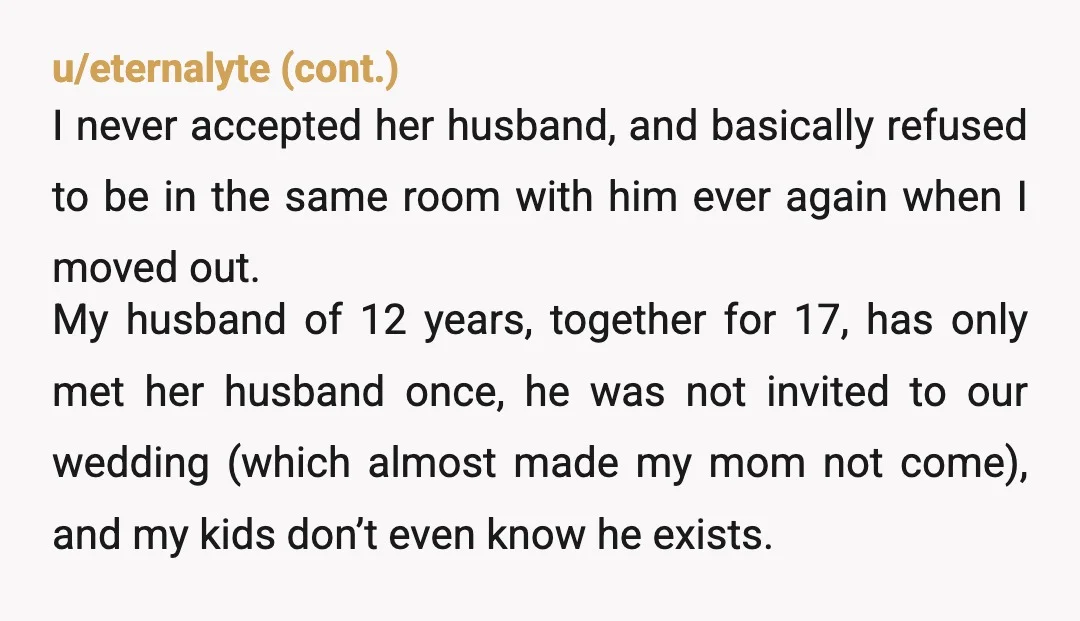 u/NovemberRain_84 You owe this woman absolutely nothing. What your dad and his affair partner did to your mother is monstrous, and trying to blame her mental illness is pure gaslighting....
