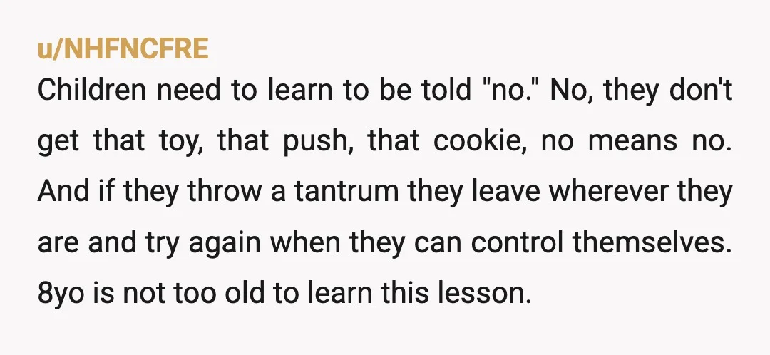 u/NHFNCFRE Children need to learn to be told "no." No, they don't get that toy, that push, that cookie, no means no. And if they throw a tantrum they leave...