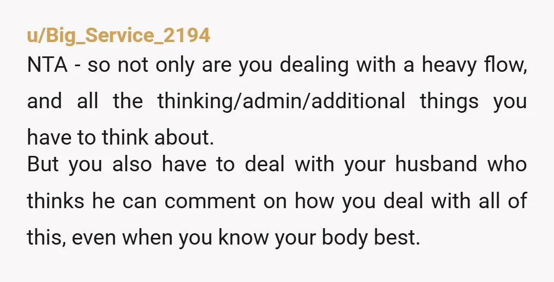 u/Big_Service_2194 NTA - so not only are you dealing with a heavy flow, and all the thinking/admin/additional things you have to think about. But you also have to deal with...