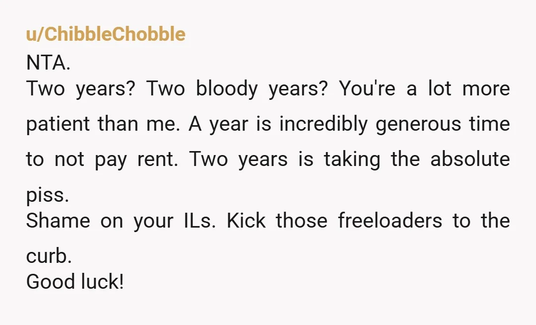 u/ChibbleChobble NTA. Two years? Two bloody years? You're a lot more patient than me. A year is incredibly generous time to not pay rent. Two years is taking the absolute...