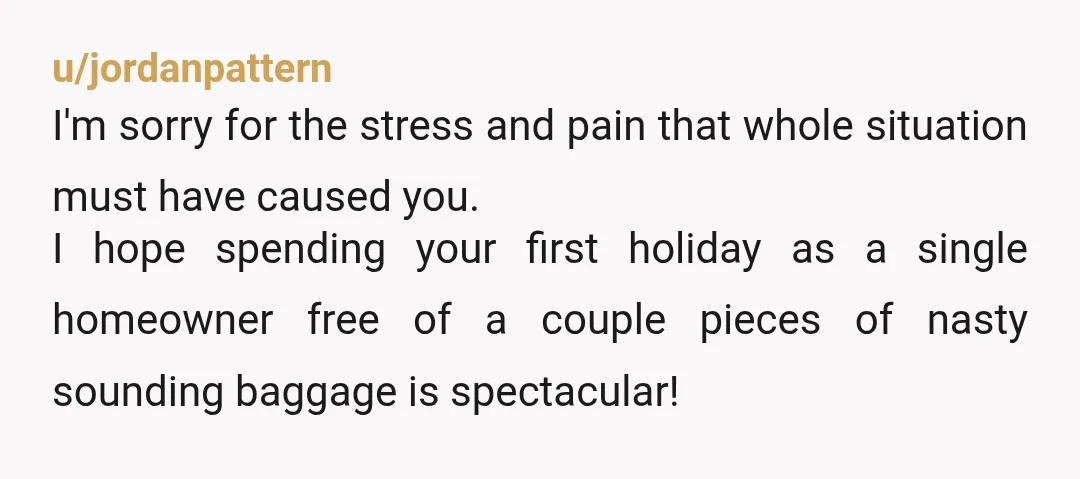 u/jordanpattern I'm sorry for the stress and pain that whole situation must have caused you. I hope spending your first holiday as a single homeowner free of a couple pieces...