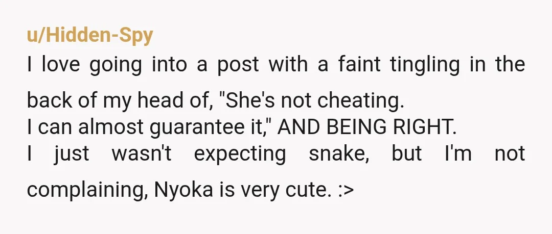 u/Hidden-Spy I love going into a post with a faint tingling in the back of my head of, "She's not cheating. I can almost guarantee it," AND BEING RIGHT. I...