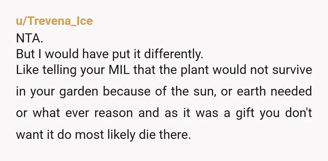 u/Trevena_Ice NTA. But I would have put it differently. Like telling your MIL that the plant would not survive in your garden because of the sun, or earth needed or...