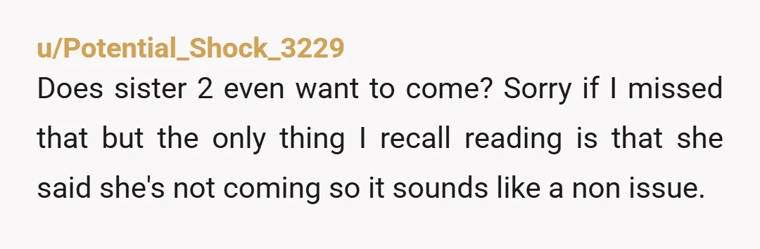 u/Potential_Shock_3229 Does sister 2 even want to come? Sorry if I missed that but the only thing I recall reading is that she said she's not coming so it sounds...