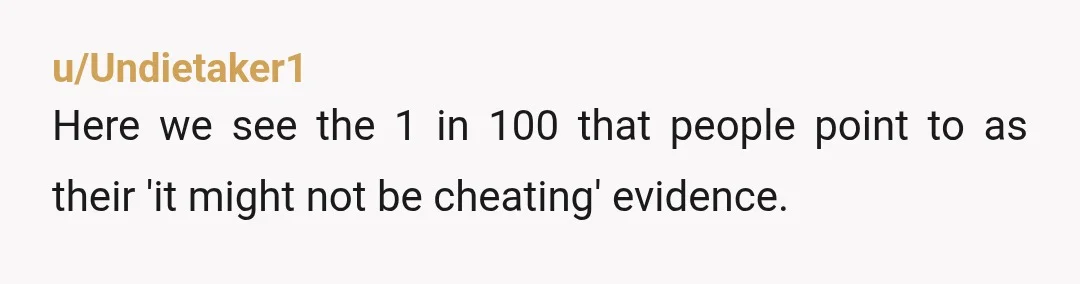 u/Undietaker1
Here we see the 1 in 100 that people point to as their 'it might not be cheating' evidence.