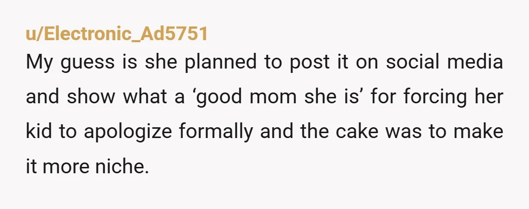 u/Electronic_Ad5751 My guess is she planned to post it on social media and show what a ‘good mom she is’ for forcing her kid to apologize formally and the cake...