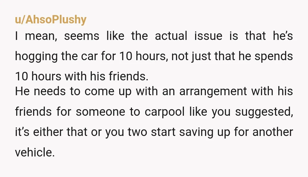 u/TiagoBallena
NTA but the tittle is definitely not making justice for you, is there any other way he can meet his friends? Suggesting carpool makes total sense