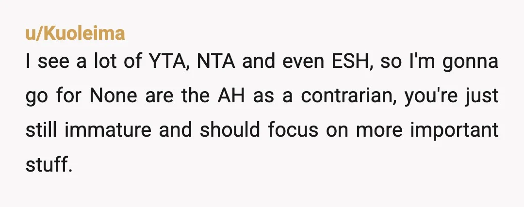 u/Kuoleima I see a lot of YTA, NTA and even ESH, so I'm gonna go for None are the AH as a contrarian, you're just still immature and should focus...