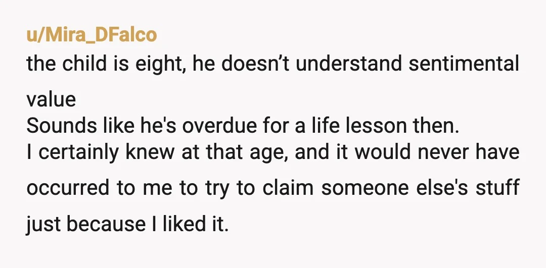 u/Mira_DFalco the child is eight, he doesn’t understand sentimental value Sounds like he's overdue for a life lesson then. I certainly knew at that age, and it would never have...