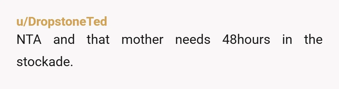 u/DropstoneTed
NTA and that mother needs 48hours in the stockade.