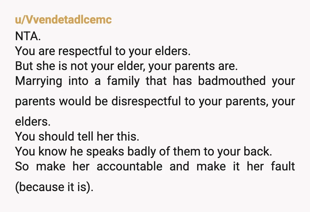 u/A_Stones_throw Hahahahahahaha, so wait this old.lady whom you haven't seen in YEARS now thinks you will be thr perfect daughter in law? What kinda drugs is she smoking, cuz I...