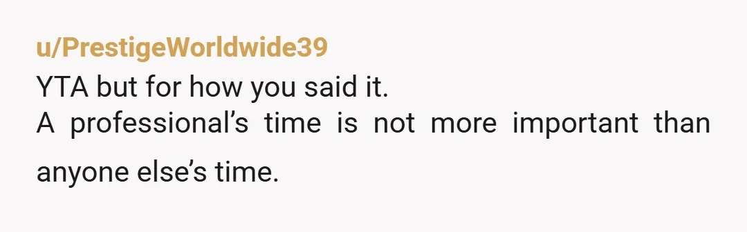 u/sillyyfishyy It was an unnecessary comment. You can point out that they’re late and it’s disrespectful but I don’t see how you being a professional has anything to do with...