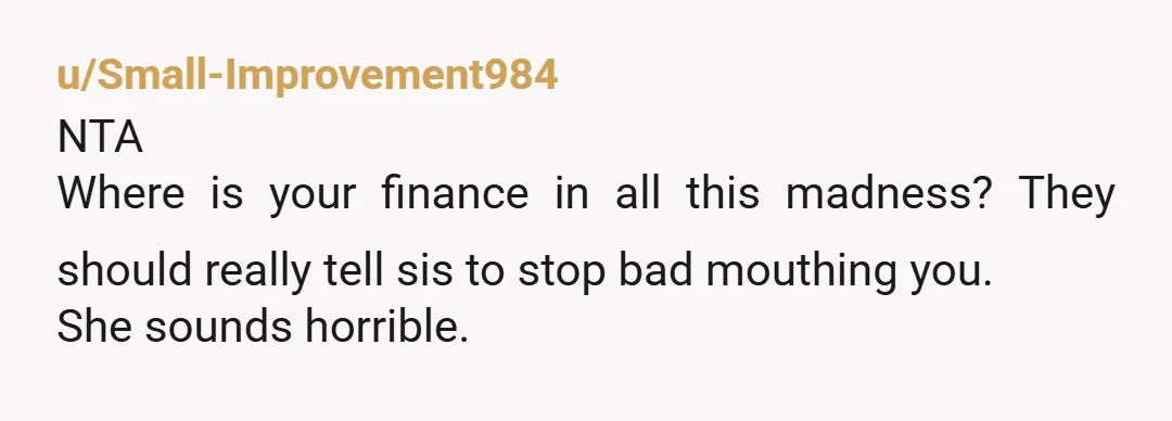 u/Small-Improvement984
NTA
Where is your finance in all this madness? They should really tell sis to stop bad mouthing you.
She sounds horrible.