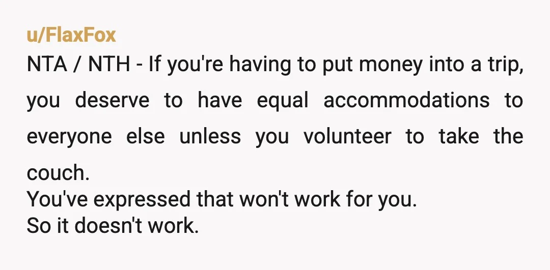 u/FlaxFox NTA / NTH - If you're having to put money into a trip, you deserve to have equal accommodations to everyone else unless you volunteer to take the couch....