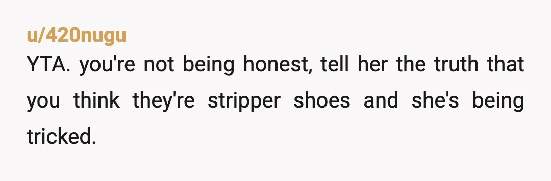 u/295Phoenix Dude, you lied. None of us said that the shoes she wanted were made out of the same material as stripper shoes. Still YTA your girlfriend needs to dump...
