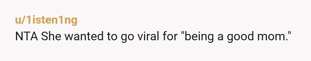 u/1isten1ng
NTA She wanted to go viral for "being a good mom."