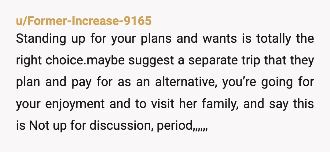 u/Mostly_Satire NTA In my experience, as soon as someone tries to take over, we make separate plans. They do their thing (and good luck to their booking) and I do...