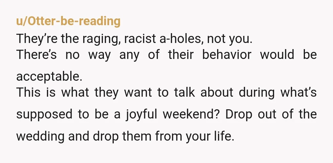 u/wishingforarainyday FFS. That person who said they can get along with anyone is garbage. They are complicit to racism. You need a new set of friends. These people are foul....