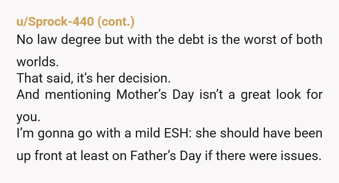 u/Bulky_Chemical5976
She gave you the Father’s Day in accordance with her feelings… it’s a voluntary celebration not a requirement.