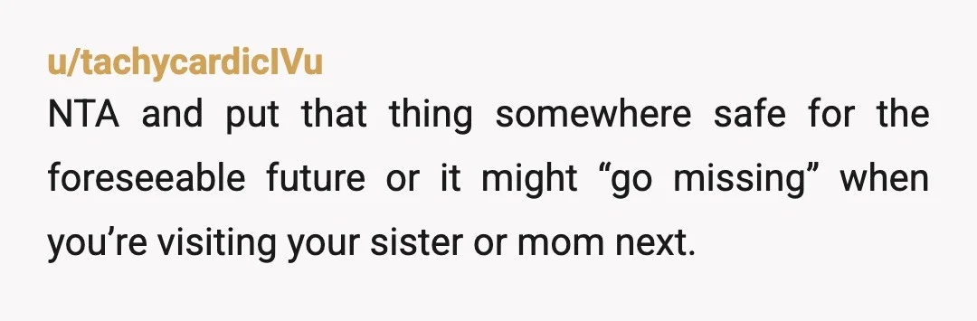 u/tachycardicIVu
NTA and put that thing somewhere safe for the foreseeable future or it might “go missing” when you’re visiting your sister or mom next.