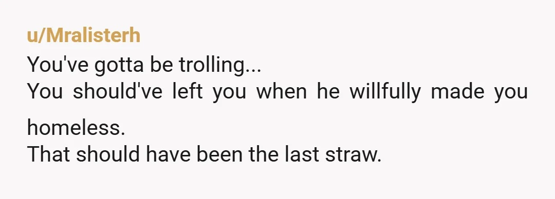 u/plentyofizzinthezee The absolute insanity of making your late pregnancy partner homeless to get your way should be a felony.  The aggravating circumstances of becoming a cocaine addict; not before your...