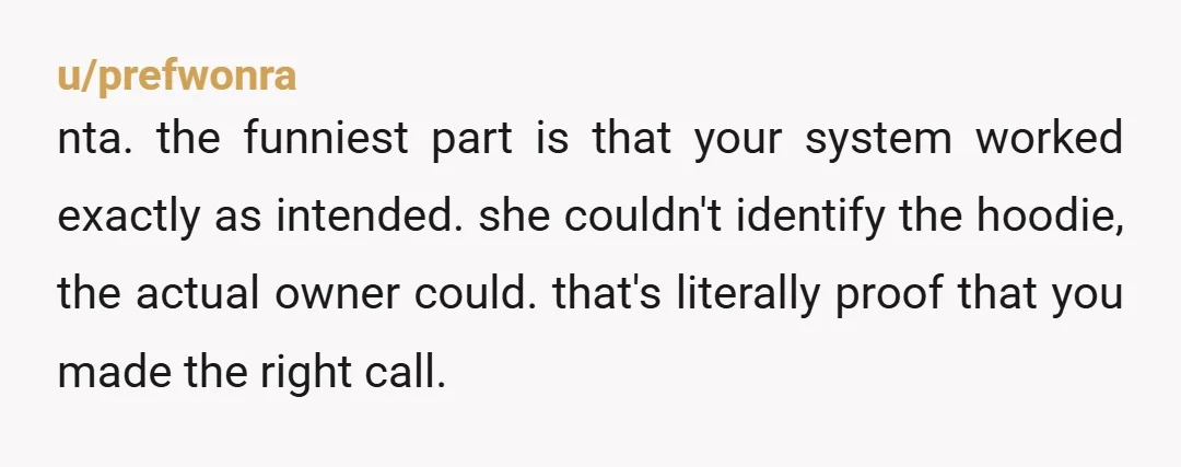 u/prefwonra nta. the funniest part is that your system worked exactly as intended. she couldn't identify the hoodie, the actual owner could. that's literally proof that you made the right...