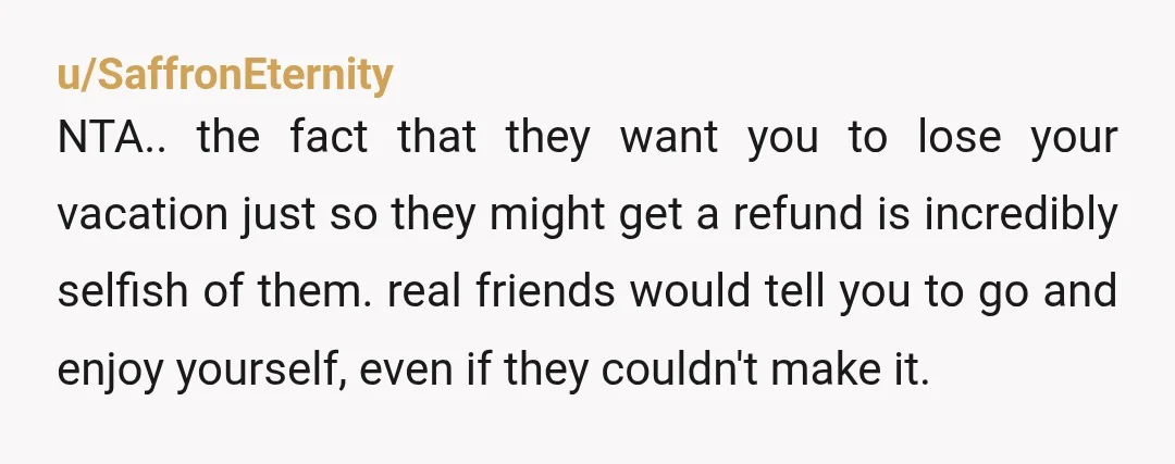 u/SaffronEternity NTA.. the fact that they want you to lose your vacation just so they might get a refund is incredibly selfish of them. real friends would tell you to...