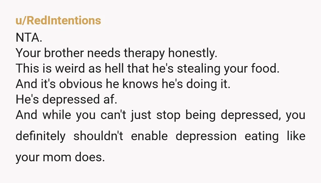 u/MarionberryPlus8474 NTA. Your brother sounds like he is well on his way to being a 300+ lb shut-in, and your mom is enabling this loser behavior. I’m guessing she buys...