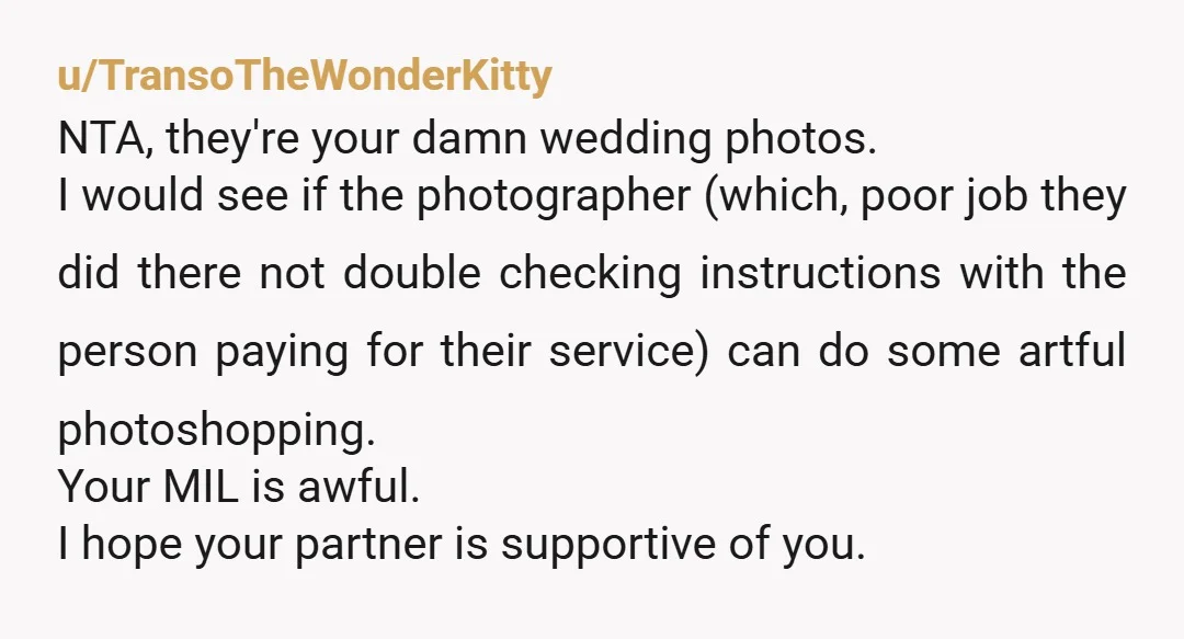 u/Notreallypolitical Who paid for the photographer? Leave him/her a bad review and tell mil what she did was wrong. It seems malicious. NTA. She deliberately made this about fertility for...