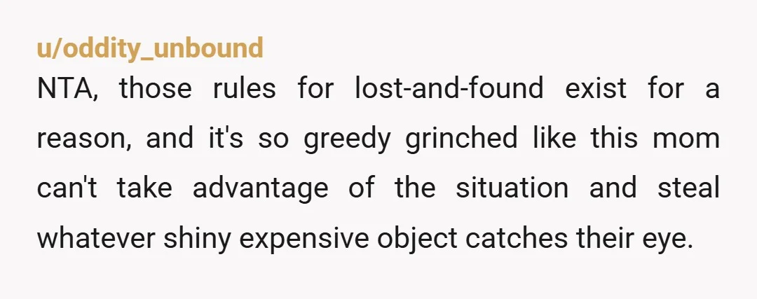 u/oddity_unbound NTA, those rules for lost-and-found exist for a reason, and it's so greedy grinched like this mom can't take advantage of the situation and steal whatever shiny expensive object...