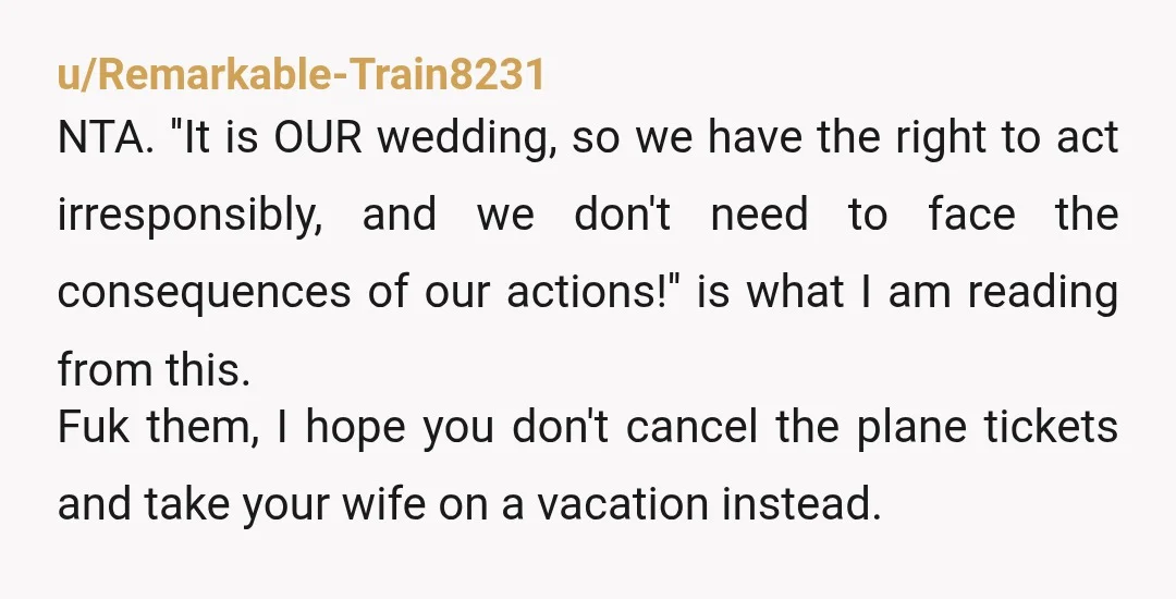 u/Remarkable-Train8231 NTA. ''It is OUR wedding, so we have the right to act irresponsibly, and we don't need to face the consequences of our actions!'' is what I am reading...