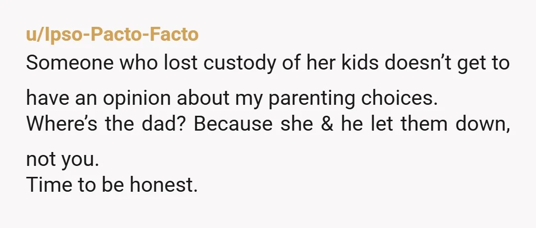 u/Ipso-Pacto-Facto Someone who lost custody of her kids doesn’t get to have an opinion about my parenting choices. Where’s the dad? Because she & he let them down, not you....