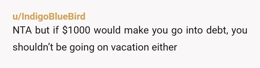 u/IndigoBlueBird
NTA but if $1000 would make you go into debt, you shouldn’t be going on vacation either