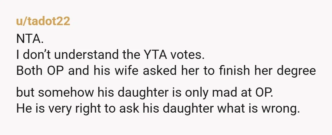 u/SiroccoDream INFO: You don’t have to share it on Reddit, but do YOU know why your daughter quit law school? I presume a 25 year old adult doesn’t quit something...