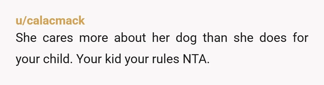 u/calacmack
She cares more about her dog than she does for your child. Your kid your rules NTA.