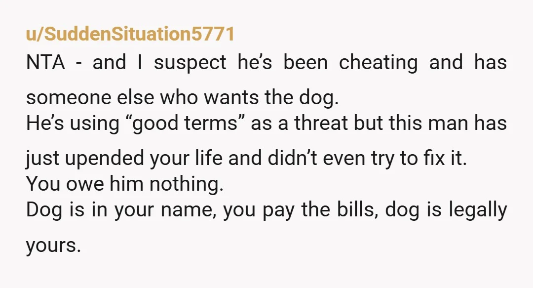 u/Expensive_Excuse_597 NTA. I am sorry OP, but as someone else has already pointed out, there is another woman involved here. Make sure you have all your paperwork in place and...