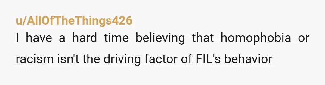 u/AllOfTheThings426
I have a hard time believing that homophobia or racism isn't the driving factor of FIL's behavior